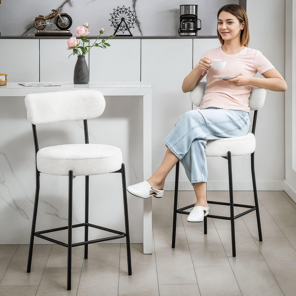 BARHOCKER 2er-Set DE-14785 gepolstert mit Fußstütze Creme - Creme, Metall (49/95/52cm) - ComfortXL