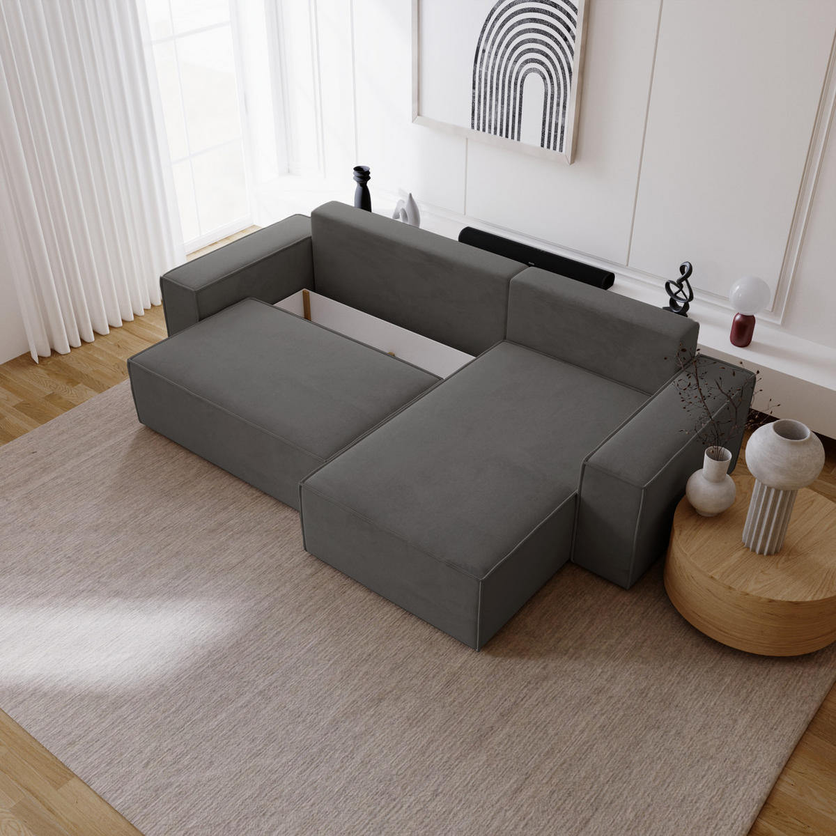 ECKSOFA mit Schlaffunktion Bergamo L 280 cm, Samt, Rechts - Dunkelgrau - Dunkelgrau, Holz (189/277cm) - Emporius