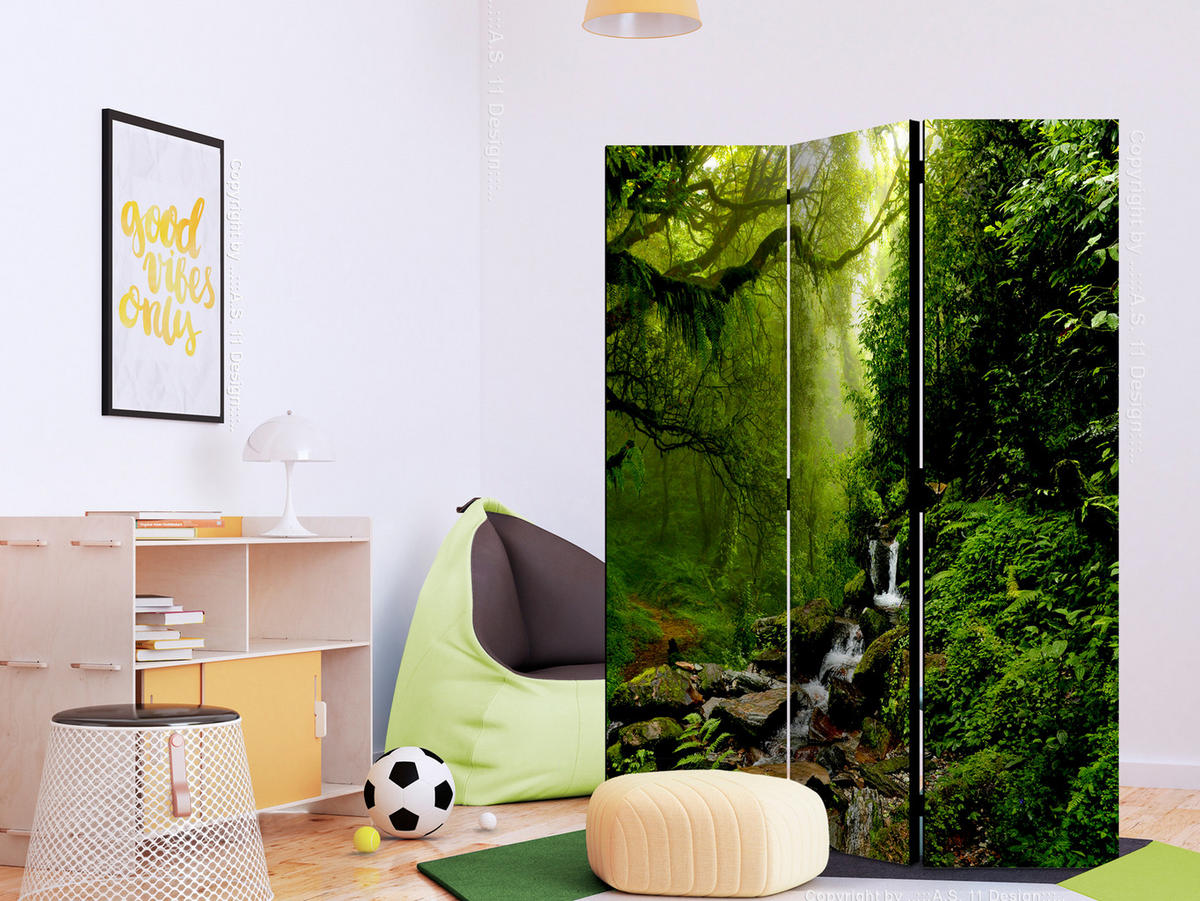 PARAVENT Einseitig Bedruckter 3-tlg 135x172 cm Wasserfall im Wald - Grün, Holz/Textil (135/172/3cm) - Muralo