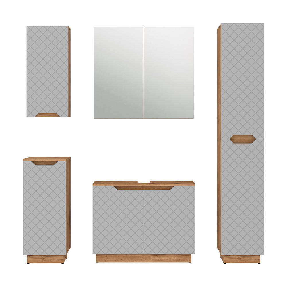 BADMÖBEL-SET Lotta Eiche/Grau mit Kachelstruktur 5 Teile - Grau, Holzwerkstoff (79.6/62.1/32cm) - Vicco