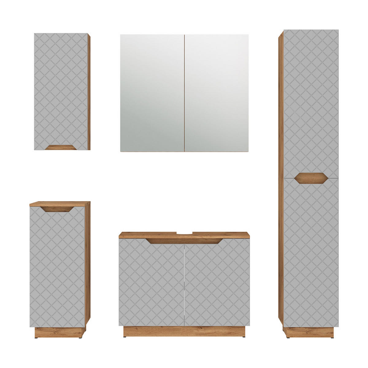 BADMÖBEL-SET Lotta Eiche/Grau mit Kachelstruktur 5 Teile - Grau, Holzwerkstoff (79.6/62.1/32cm) - Vicco