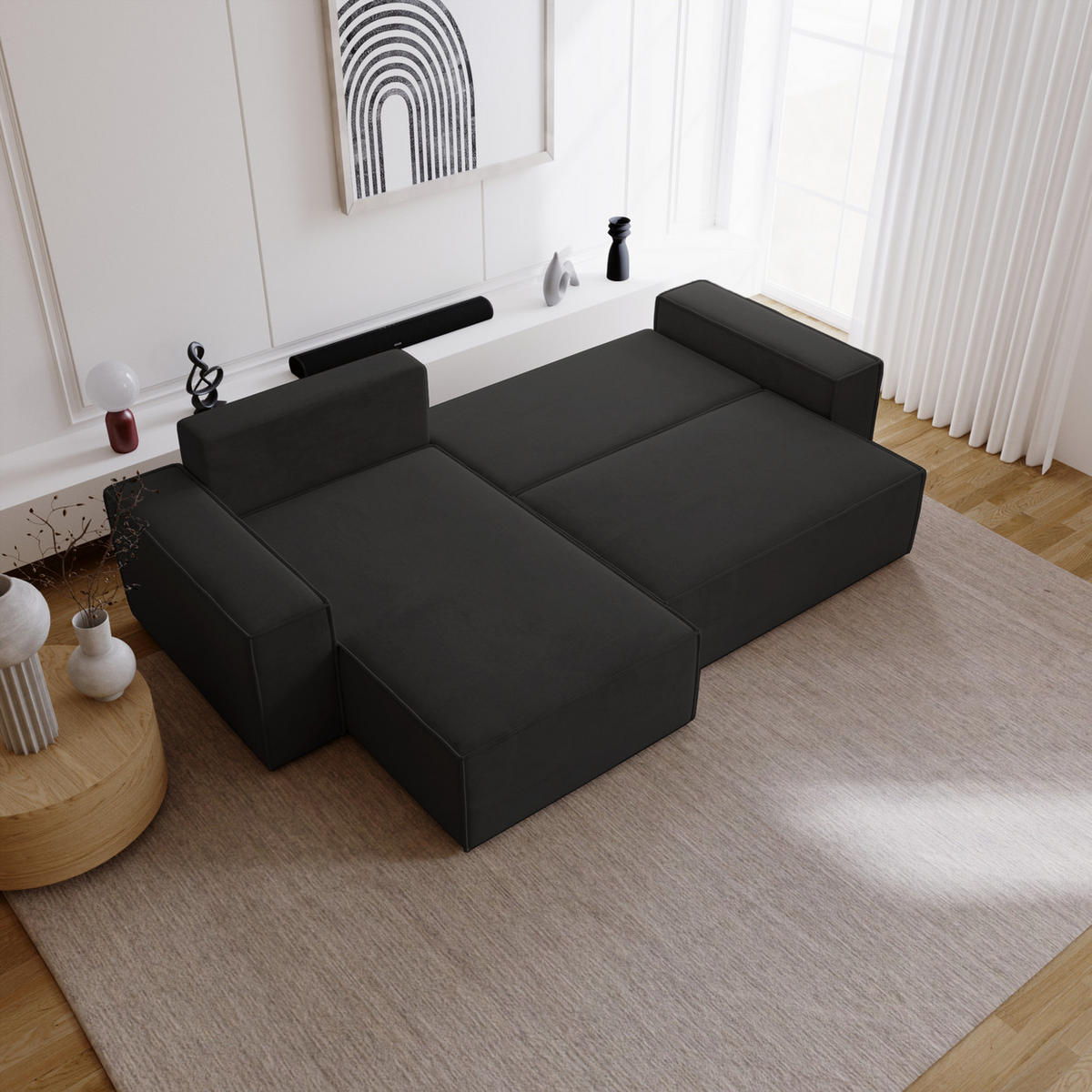 ECKSOFA mit Schlaffunktion Bergamo L 280 cm, Samt, Links - Schwarz - Schwarz, Holz (277/189cm) - Emporius