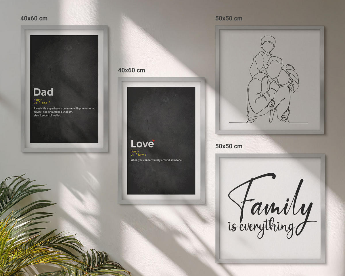 BILDER SET 4er Set - 50x50 cm & 40x60 cm Silberner Rahmen - Definitionen der Liebe in Familienzeichnungen - Silberfarben, Kunststoff (50/50cm) - TULUP
