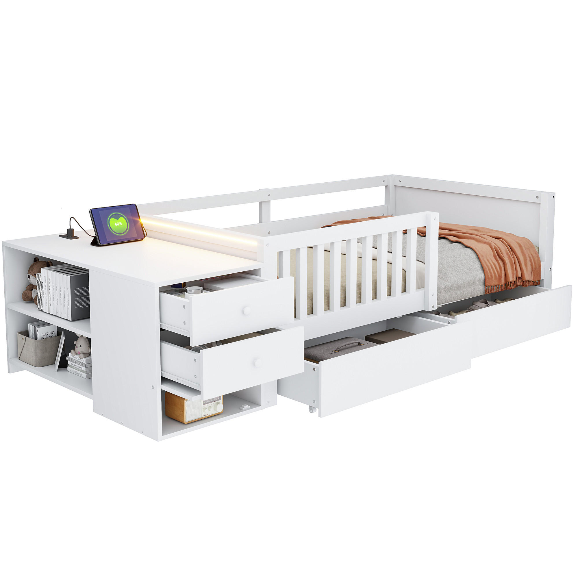 KINDERBETT 90/200 cm in Weiß mit 2 Schubladen, Regalen, Klapptür, Steckdose und LED aus Holz - Weiß, Holzwerkstoff (90/200cm) - STILVORA