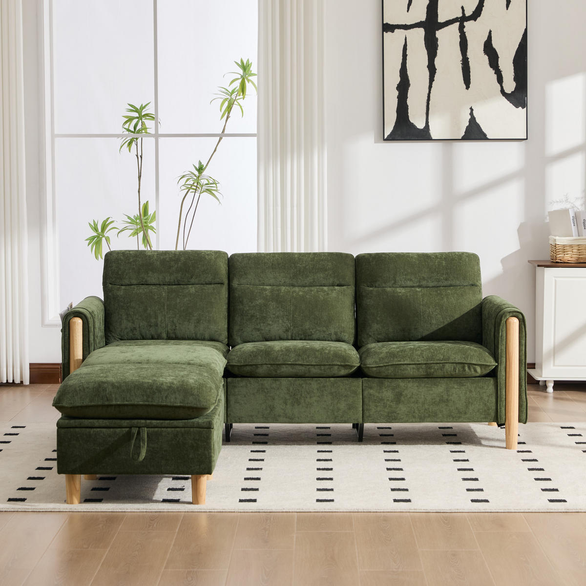 SOFA L-Form mit Stauraumhocker 201 cm Grün - Grün, Holz (77/201cm) - Meubliv
