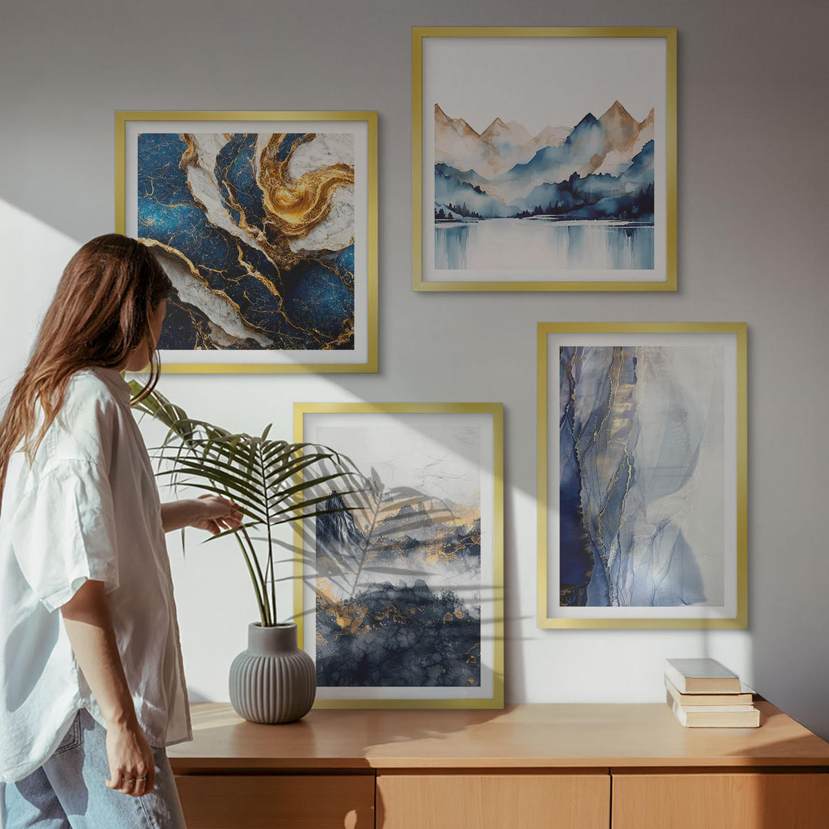 WANDBILDER 4er Set - 50x50 cm & 40x60 cm Goldrahmen - Blaue Berglandschaften - Goldfarben, Kunststoff (50/50cm) - ArtPrintCave