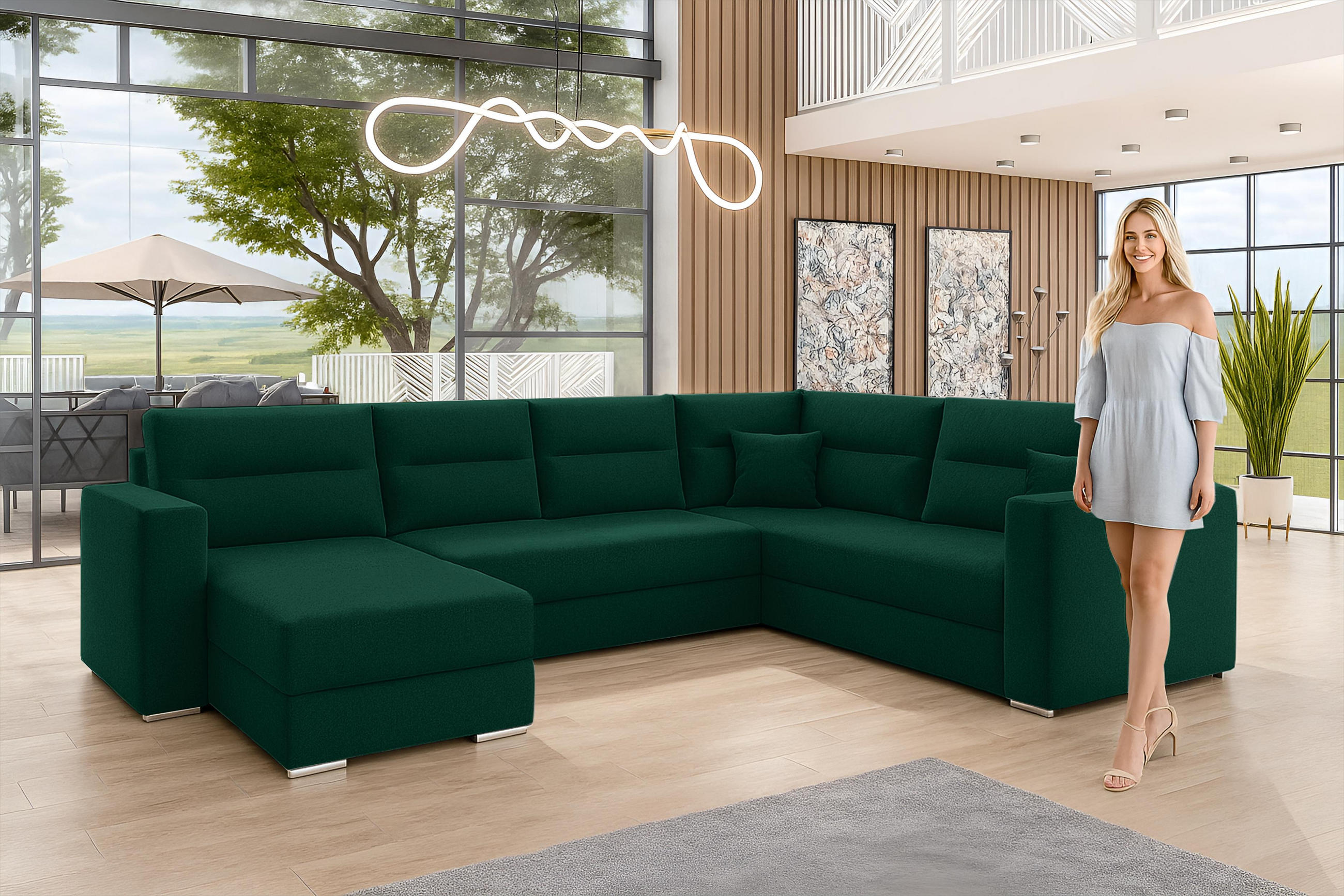 WOHNLANDSCHAFT Lovere Dunkelgrün 314/217/90 cm mit Schlaffunktion Bettkasten Wohnzimmer - Dunkelgrün/Schwarz, Kunststoff/Textil (314/90/217cm) - AX Living