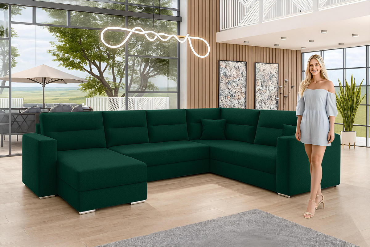 WOHNLANDSCHAFT Lovere Dunkelgrün 314/217/90 cm mit Schlaffunktion Bettkasten Wohnzimmer - Dunkelgrün/Schwarz, Kunststoff/Textil (314/90/217cm) - AX Living