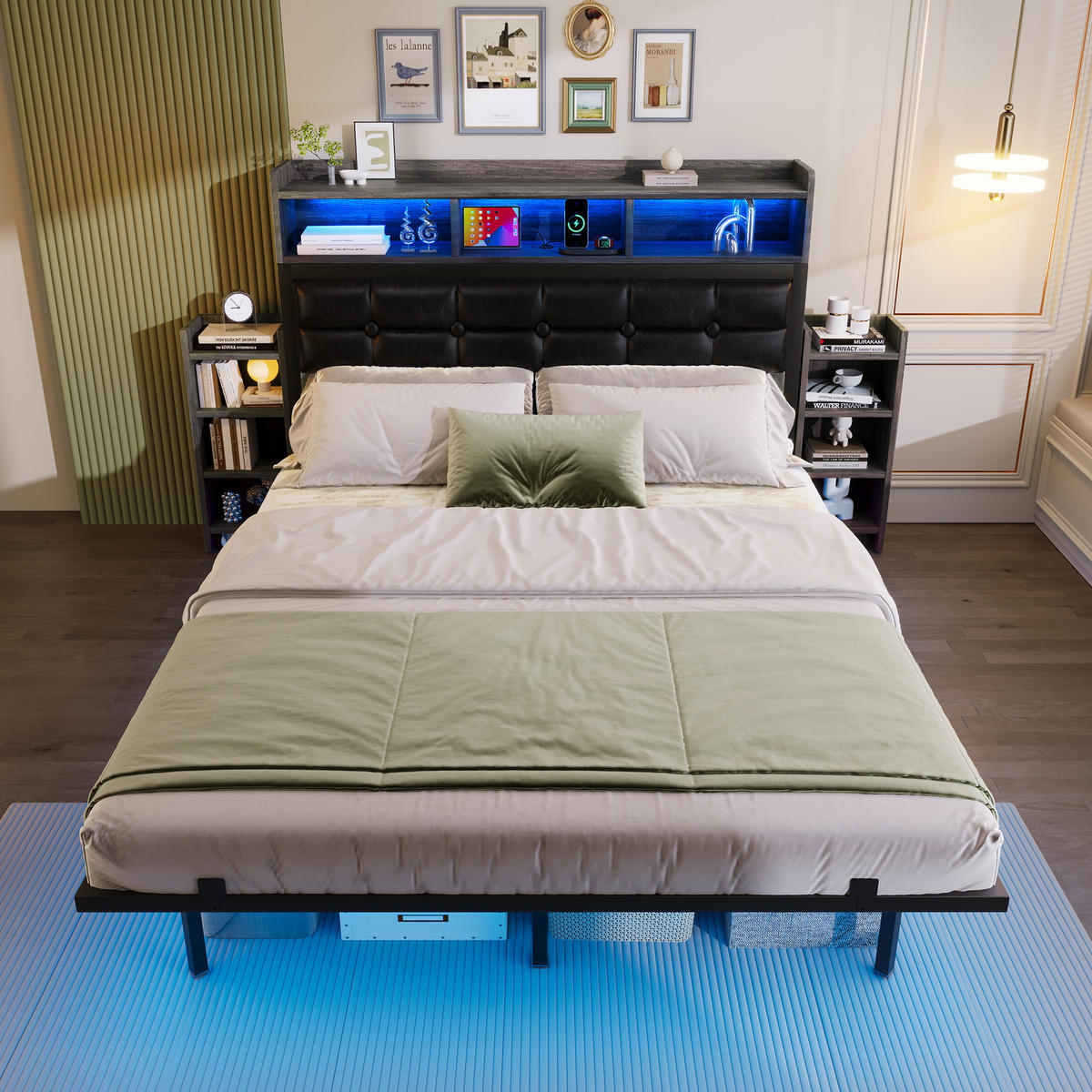METALLBETT 140/190 cm Schwarz mit 2 ausziehbaren Nachttischen, LED und Ablagefächern - Grau, Metall (140/190cm) - Oxeza