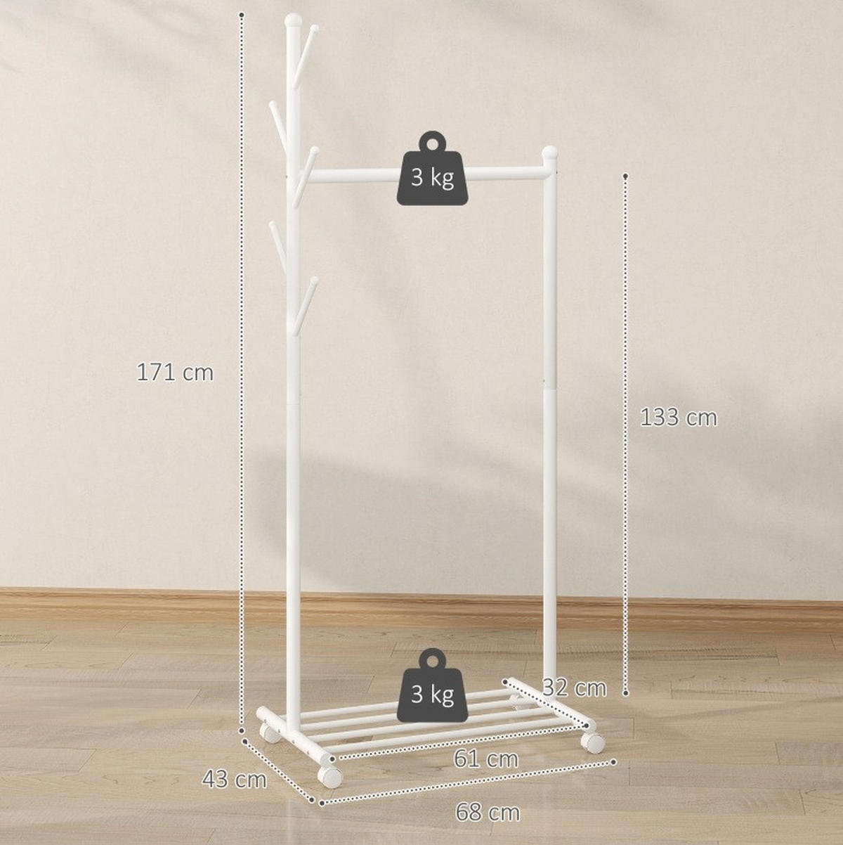 GARDEROBE 68/171/43 cm Weiß aus Metall mit Rollen - Weiß, Metall (43/171/68cm) - OKMYHOME