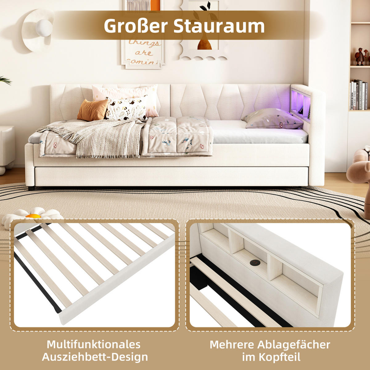POLSTERBETT 90/200 cm Beige aus Leinen mit LED-Lichtleiste - Beige, Textil (90/200cm) - OKMYHOME