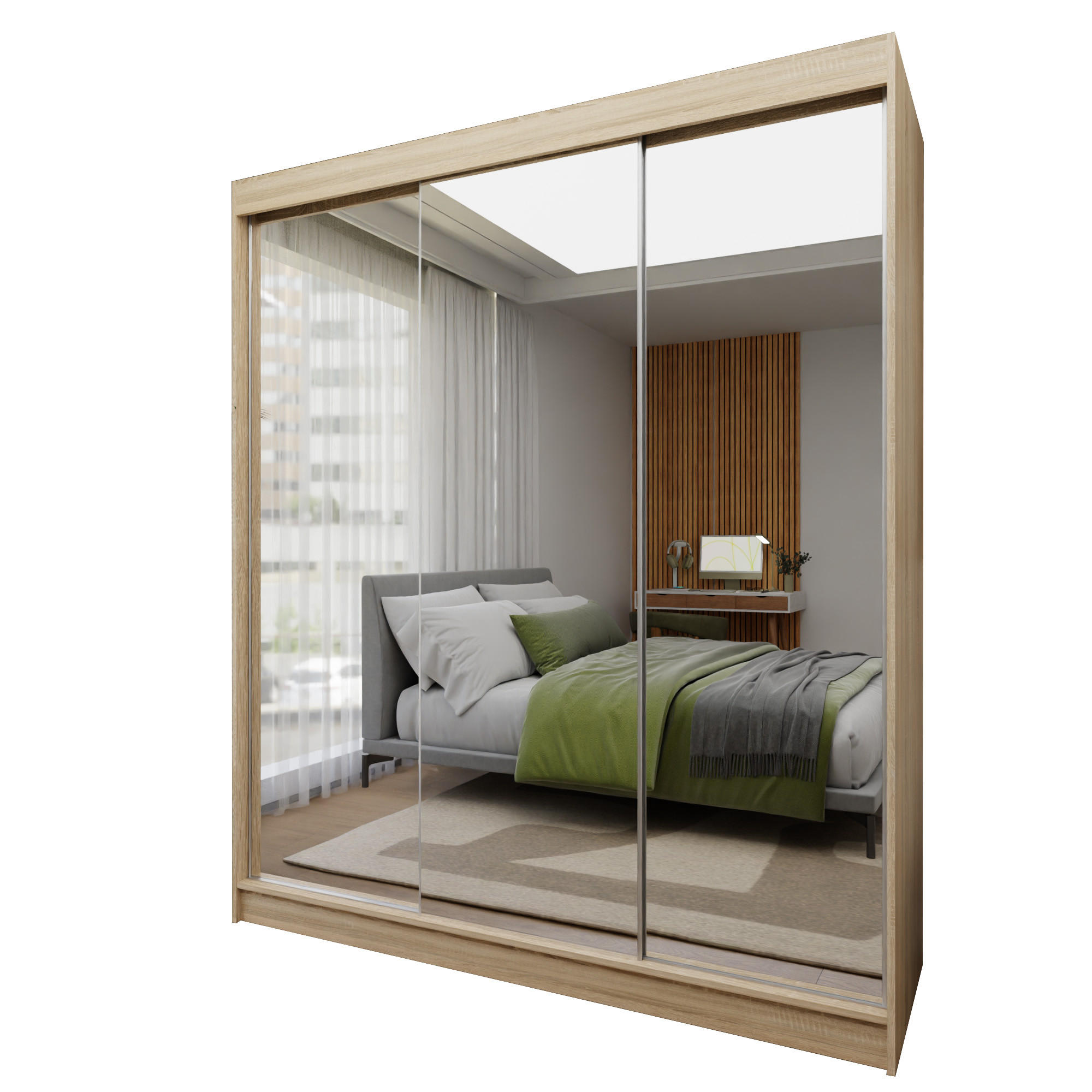 SCHWEBETÜRENSCHRANK BELLINA 180/216/61 cm 3-türig mit Spiegel Sonoma Eiche - Sonoma Eiche, Holzwerkstoff (180/216/61cm) - MASSENO
