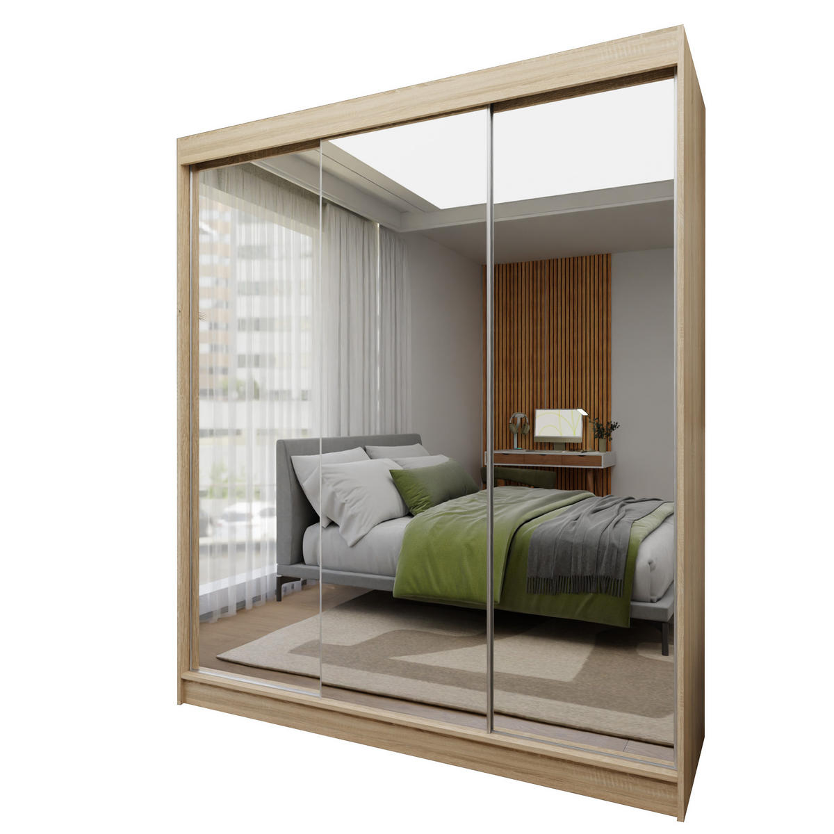 SCHWEBETÜRENSCHRANK BELLINA 180/216/61 cm 3-türig mit Spiegel Sonoma Eiche - Sonoma Eiche, Holzwerkstoff (180/216/61cm) - MASSENO