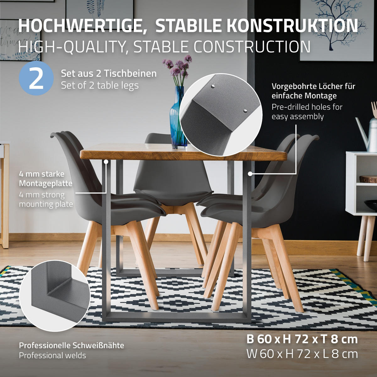 TISCHBEINE 2er Set 60 x 72 cm Grau - Grau, Metall (60/8/72cm) - ECD-Germany