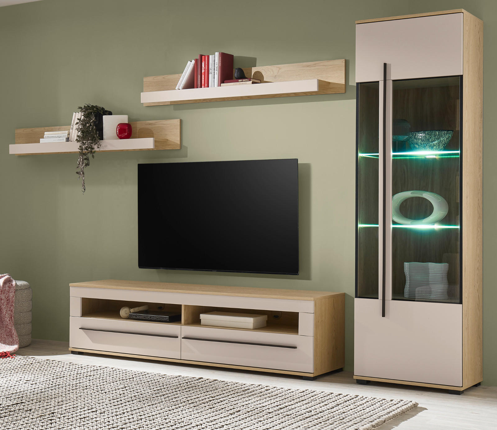 WOHNWAND Kaschmir, Eiche 4-teilig 240 cm, Wohnkombination mit Soft-Close - Kaschmir/Eichefarben, Glas/Holzwerkstoff (240/200/42cm) - Furn.Design