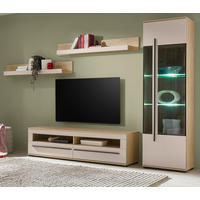 WOHNWAND Kaschmir, Eiche 4-teilig 240 cm, Wohnkombination mit Soft-Close - Kaschmir/Eichefarben, Glas/Holzwerkstoff (240/200/42cm) - Furn.Design