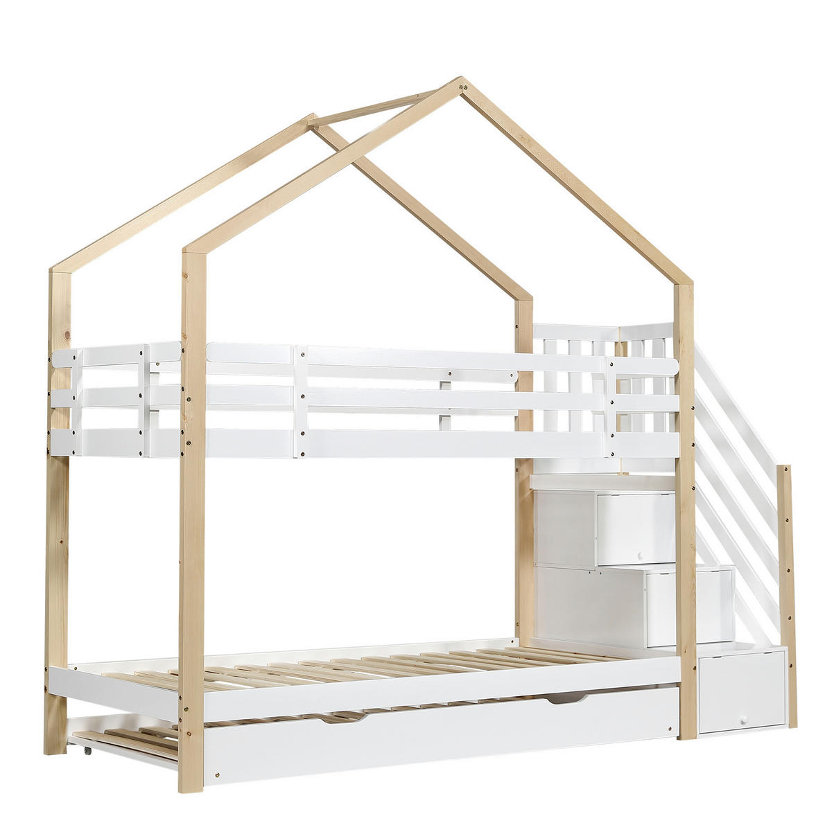 HAUSBETT 90/200 cm ausziehbar mit Treppe und Schubladen in Natur/Weiß - Weiß, Holz (90/200cm) - BEAOK