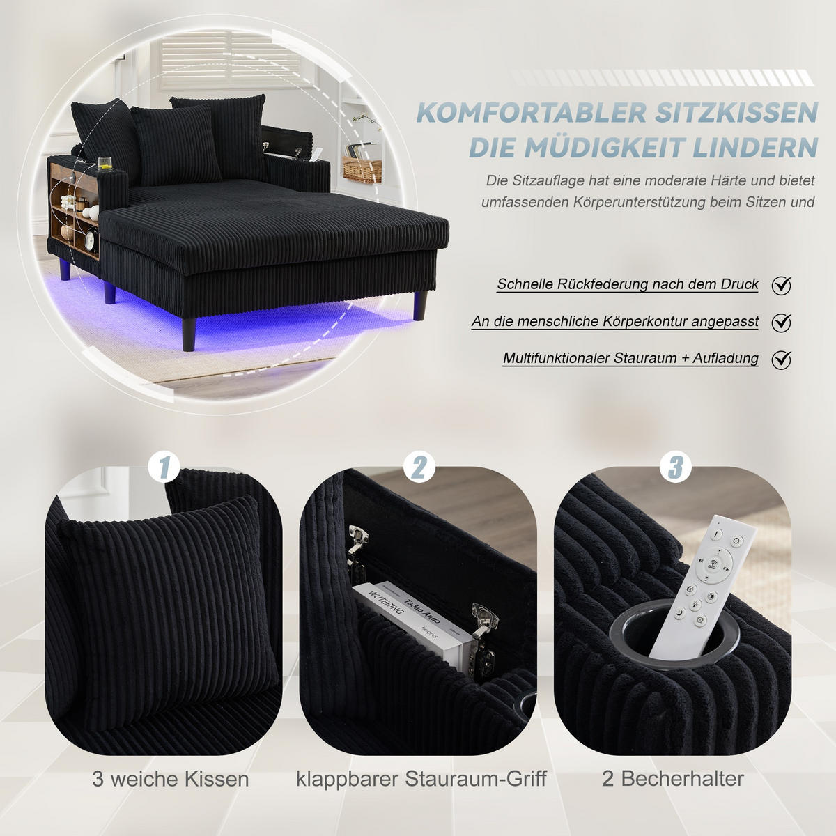 RELAXLIEGE XXL Polsterliege,Relaxsessel,Cord,Schwarz - Schwarz, Textil (129/70/170cm) - LVHOM
