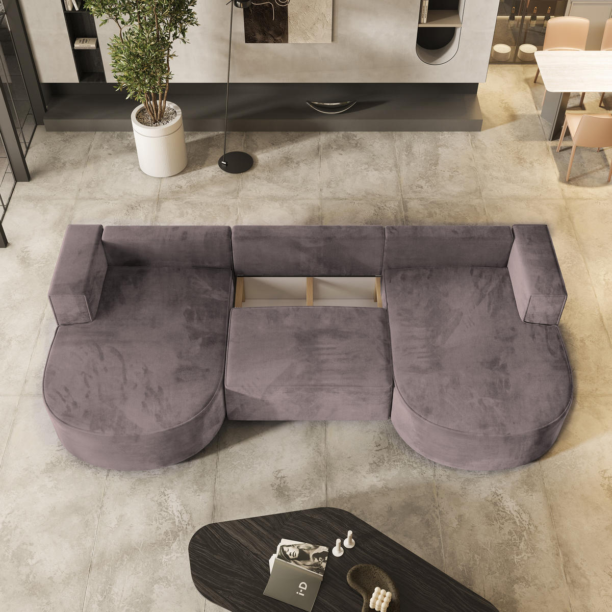 WOHNLANDSCHAFT VEZZO M Lila Velours-Stoff mit Schlaffunktion - Lila, Holz (347/85/174cm) - MASSENO