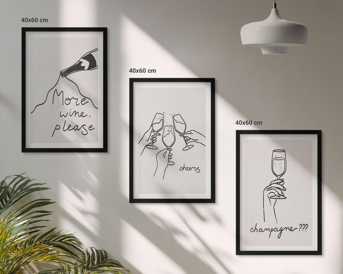 BILDER SET 3er Set - 40x60 cm Schwarzer Rahmen - Champagner-Wein-Linienzeichnung - Schwarz, Kunststoff (40/60cm) - TULUP