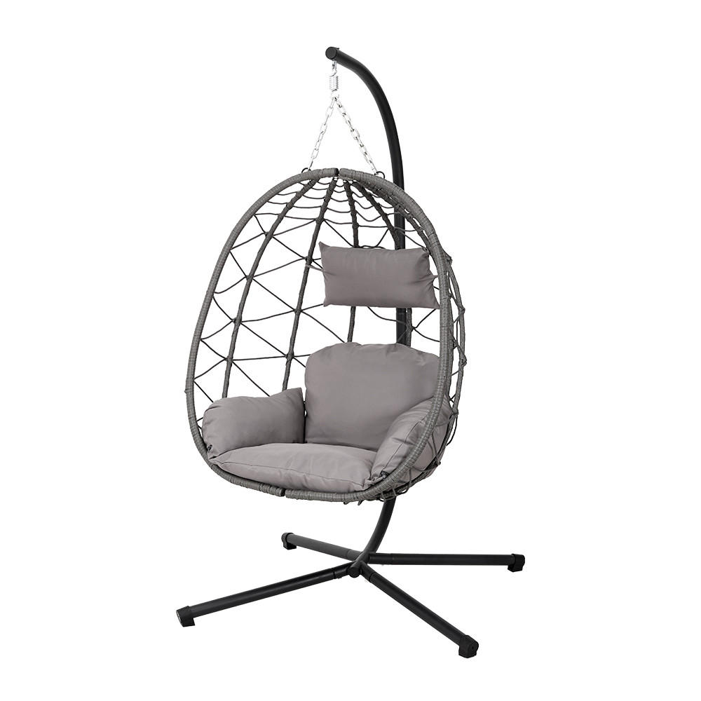 HÄNGESESSEL mit Gestell und Kissen aus Stahl PE-Rattan Polyester in Braun Schwarz Mittelgrau100 cm x 100 cm x 195 cm - Grau, Metall (100/195/100cm) - Livingandhome