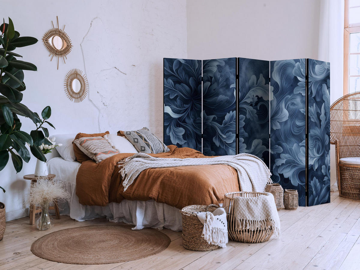 PARAVÁN Jednostranný 5-dielny 225x172 cm Modré Listy - modrá, drevo/textil (225/172/3cm) - Muralo
