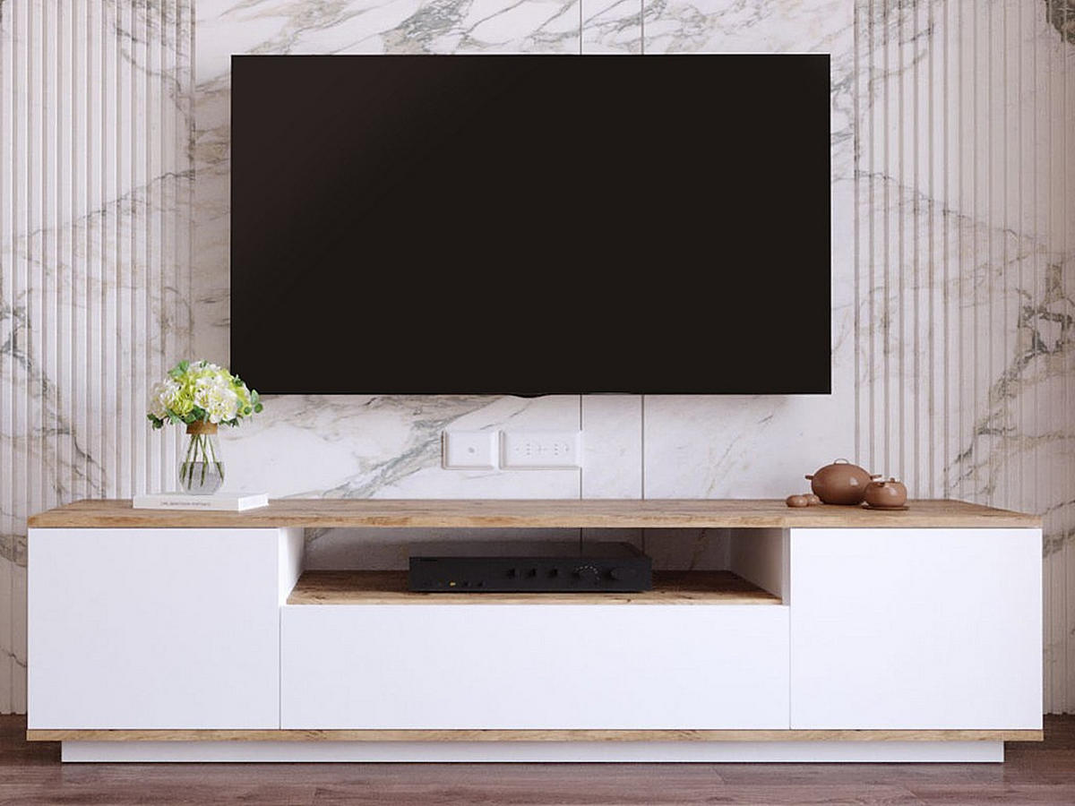 TV-MÖBEL mit 3 Türen & 1 Ablagefach - Weiß & Holzfarben - LOTULA - Naturfarben, Holz (44.5/44.6/180cm) - Vente-Unique