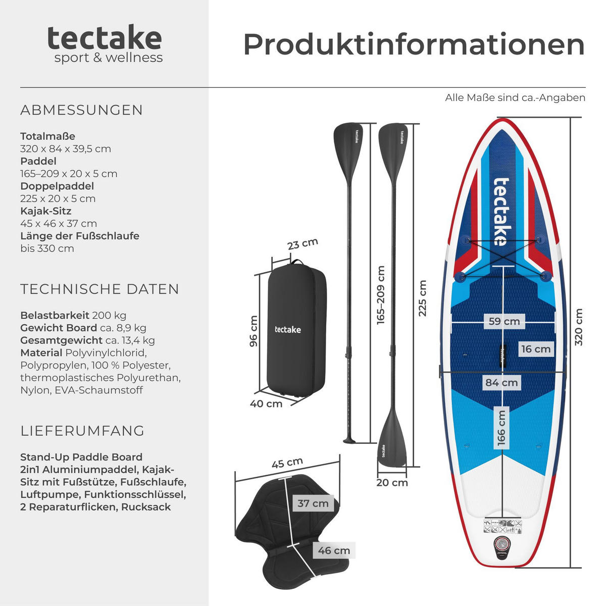STAND UP PADDLE BOARD Poseidon, Belastbarkeit 200 kg, inklusive Kajak-Sitz, rot/blau - Rot, Kunststoff (320/84/0.4cm) - tectake