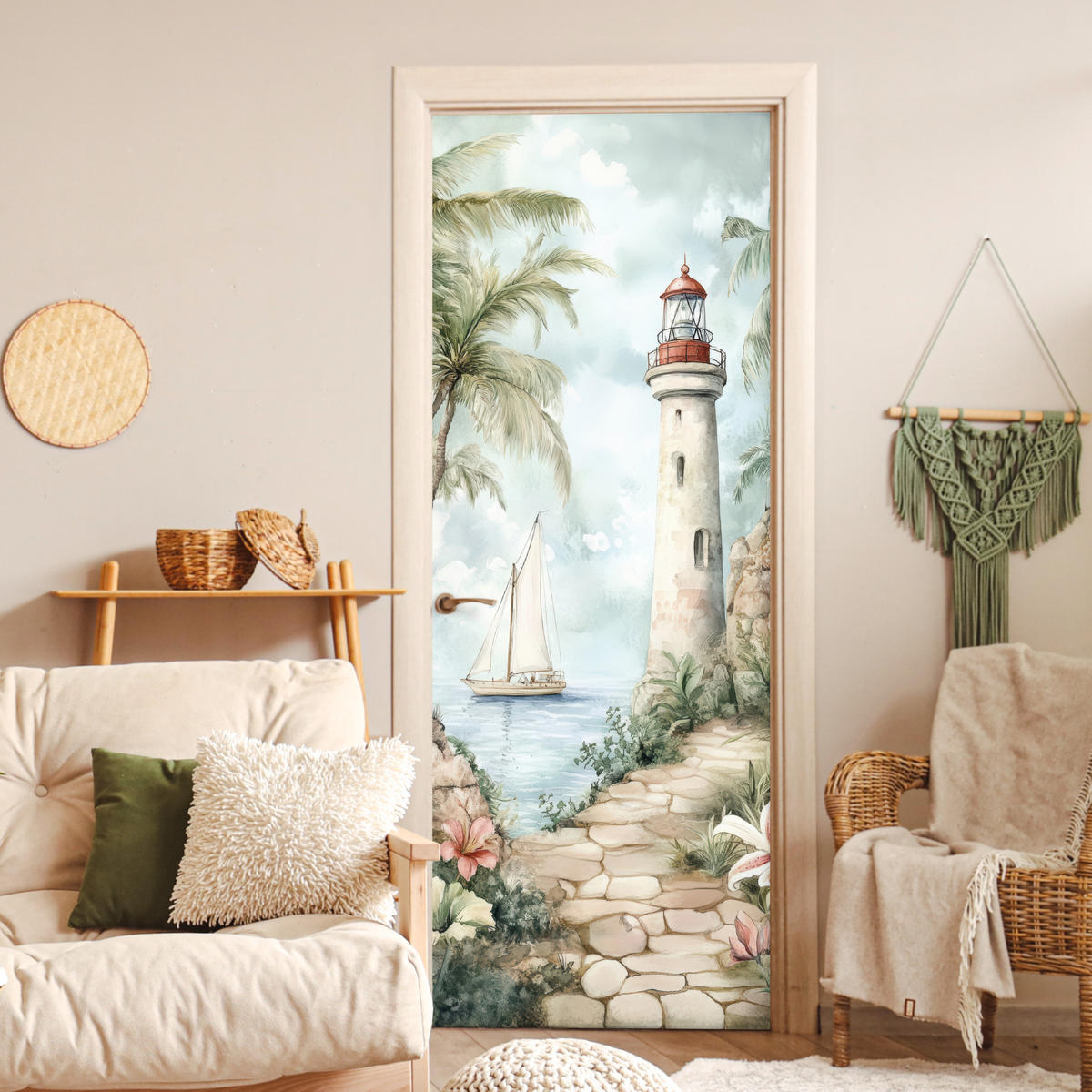 FOTOTAPETE Tür - Leuchtturm - Natur - Landschaft - Boot 95x235 cm - Eichefarben, Kunststoff (95/0.1cm) - MuchoWow