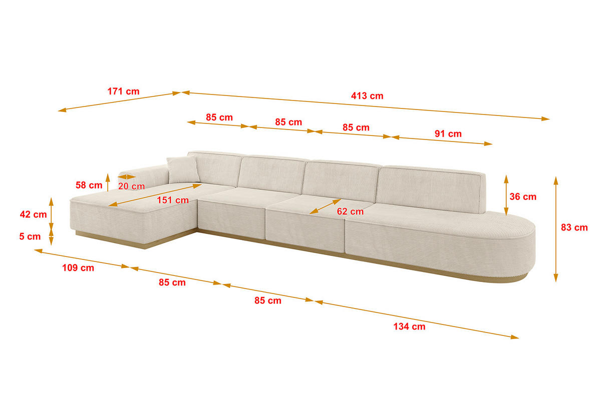 ECKSOFA Ottomane Links IREA-L3-v2 - 413x171x83 cm Beige - Beige, Holzwerkstoff/Textil (413/171cm) - ALTDECOR