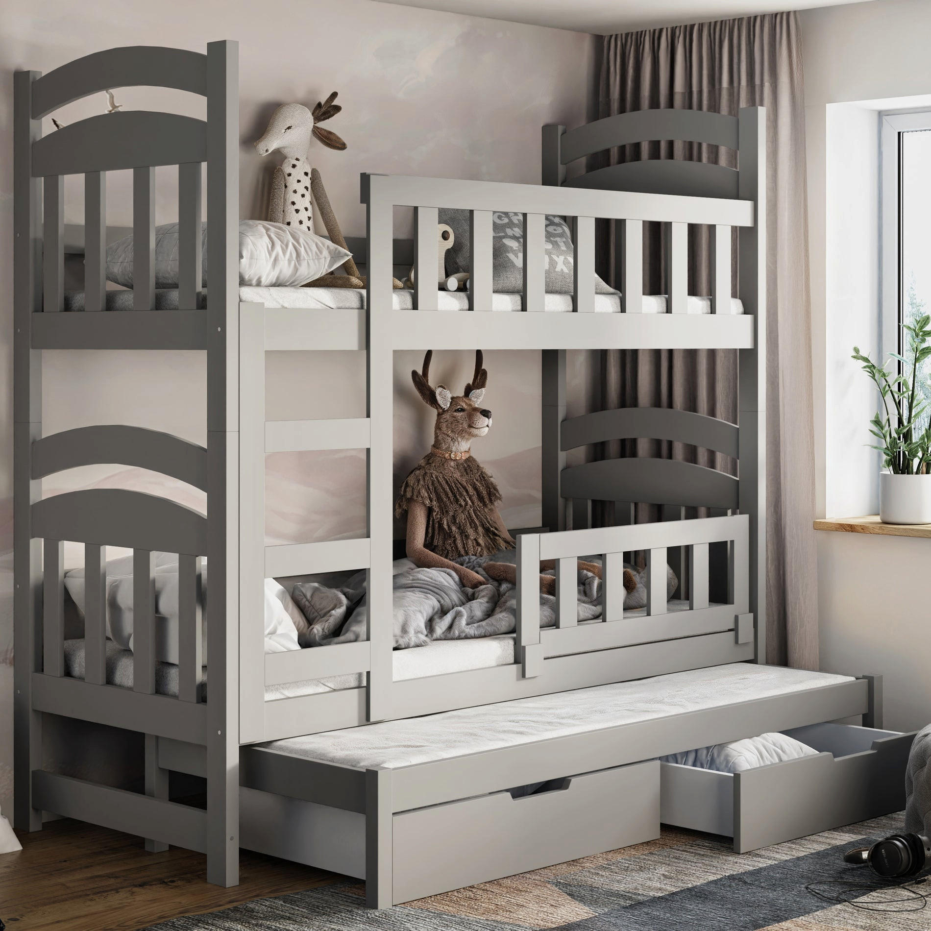 ETAGENBETT FÜR 3 PERSONEN MIT MATRATZEN Dopio 75x180 cm - Grau, Holz (75/180cm) - Selsey