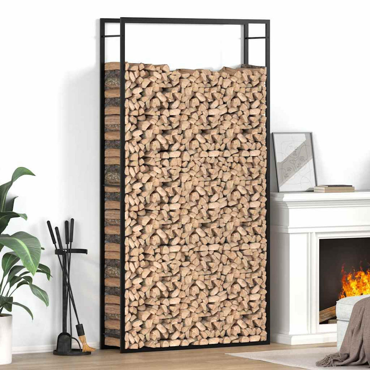 BRENNHOLZREGAL Mattschwarz 110/28/214 Cm Stahl - Schwarz, Metall (28/214/110cm) - vidaXL