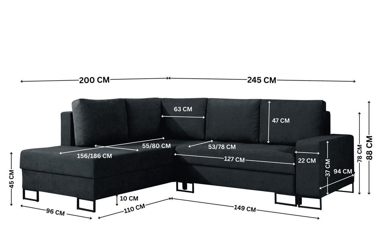 ECKSOFA mit Schlaffunktion Links Schwarz Chenille - 245x200 cm - Trevi - Schwarz, Holz/Holzwerkstoff (245/200cm) - Ravio