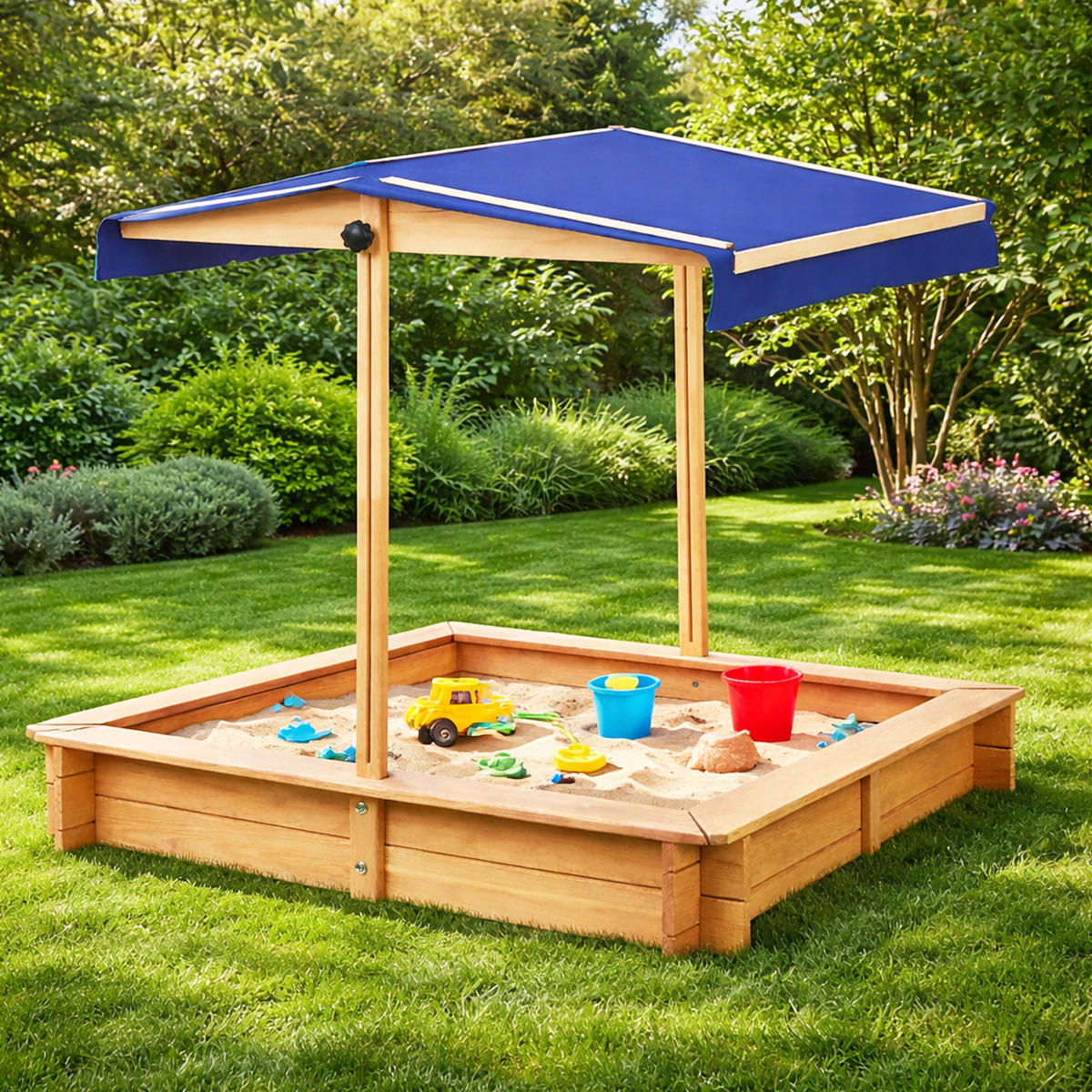 SANDKASTEN mit höhenverstellbarem Dach 98x98x17 cm - Braun, Naturmaterialien (98/98/17cm) - Bestlivings