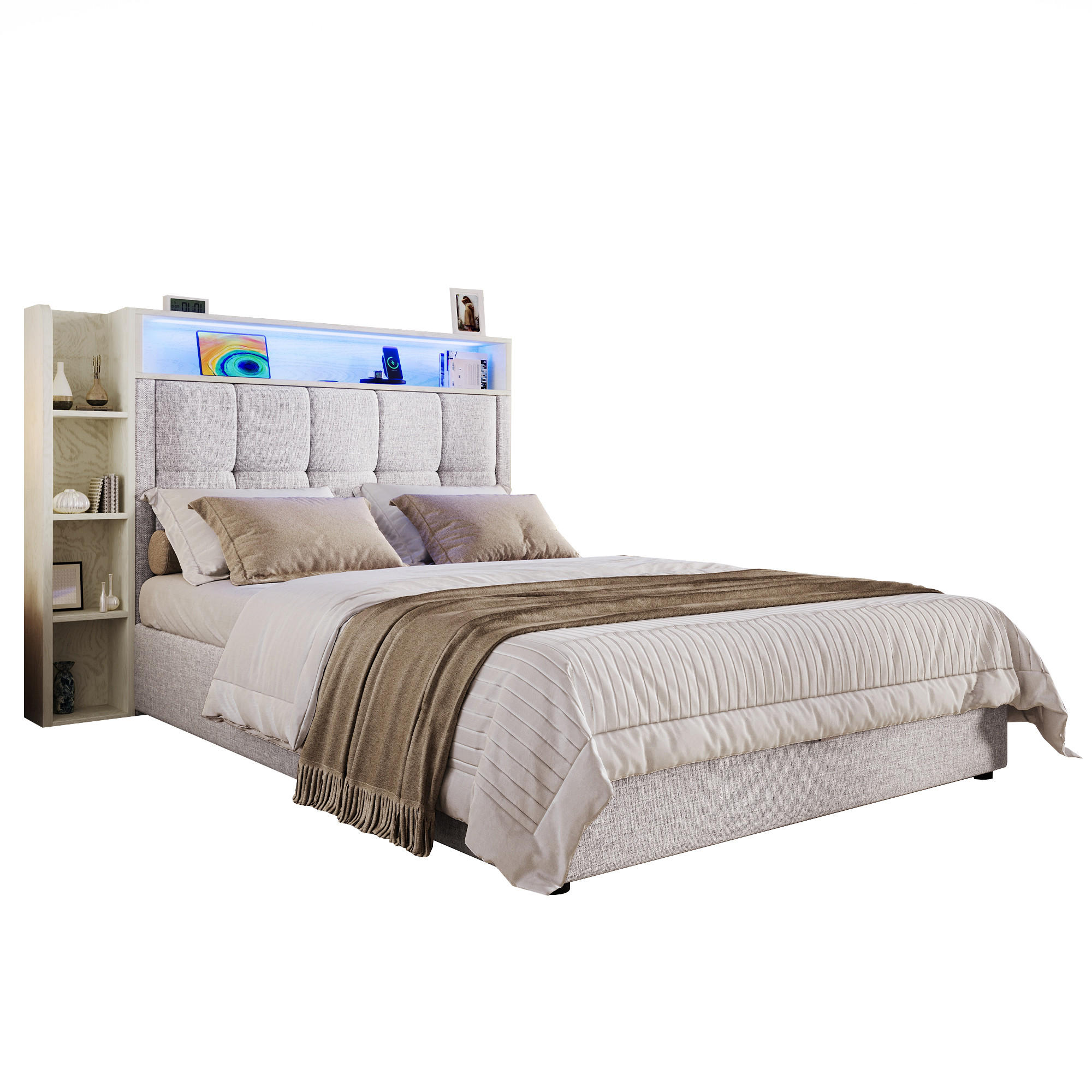POLSTERBETT 90/200 cm Beige mit USB- und Type-C-Anschlüssen und LED-Beleuchtung - Beige, Textil (90/200cm) - OKWISH
