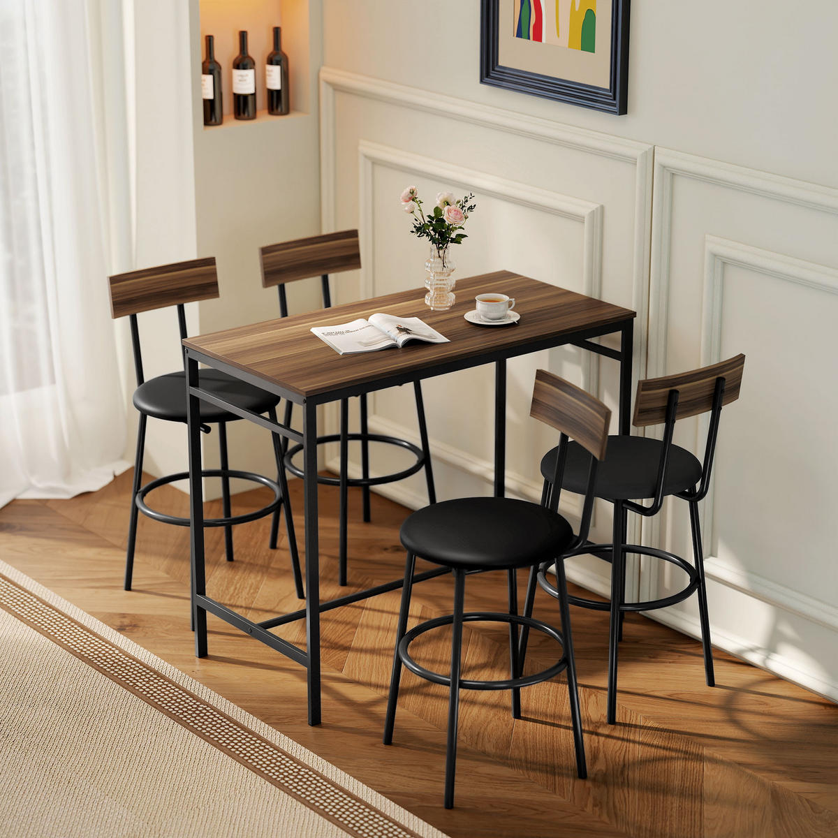 BARTISCH mit Barhocker-Set Esstisch mit 4 Stühlen mit Fußstütze Rückenlehne - Braun, Metall (55/90/110cm) - HOMCOM