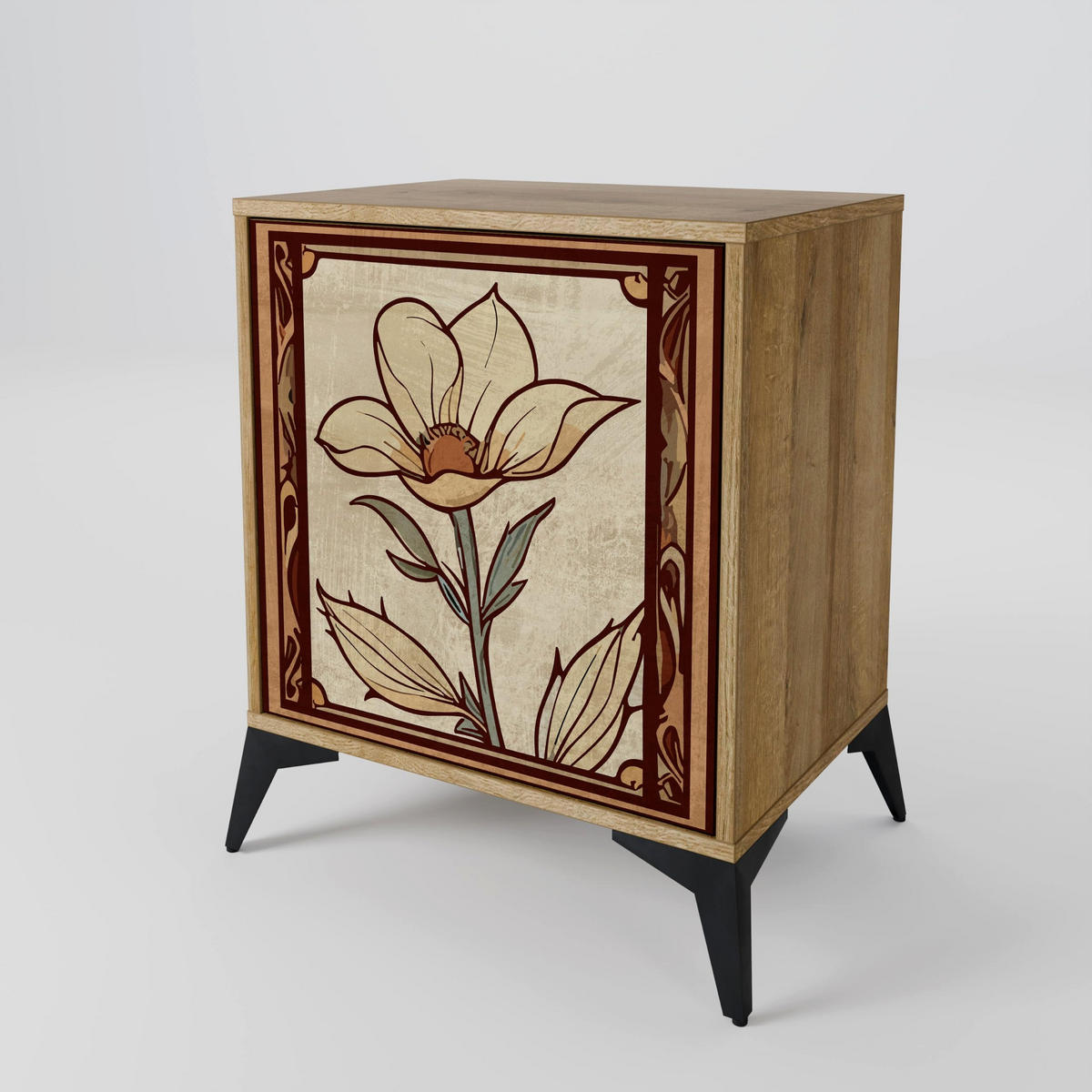 SIDEBOARD TIMELESS FLORA, Eichefarben, 57,5x42x67,5 cm, Schwarze Metall-Rahmenfüße - Eichefarben/Multicolor, Holzwerkstoff/Metall (57.5/67.5/42cm) - SpaceRebels