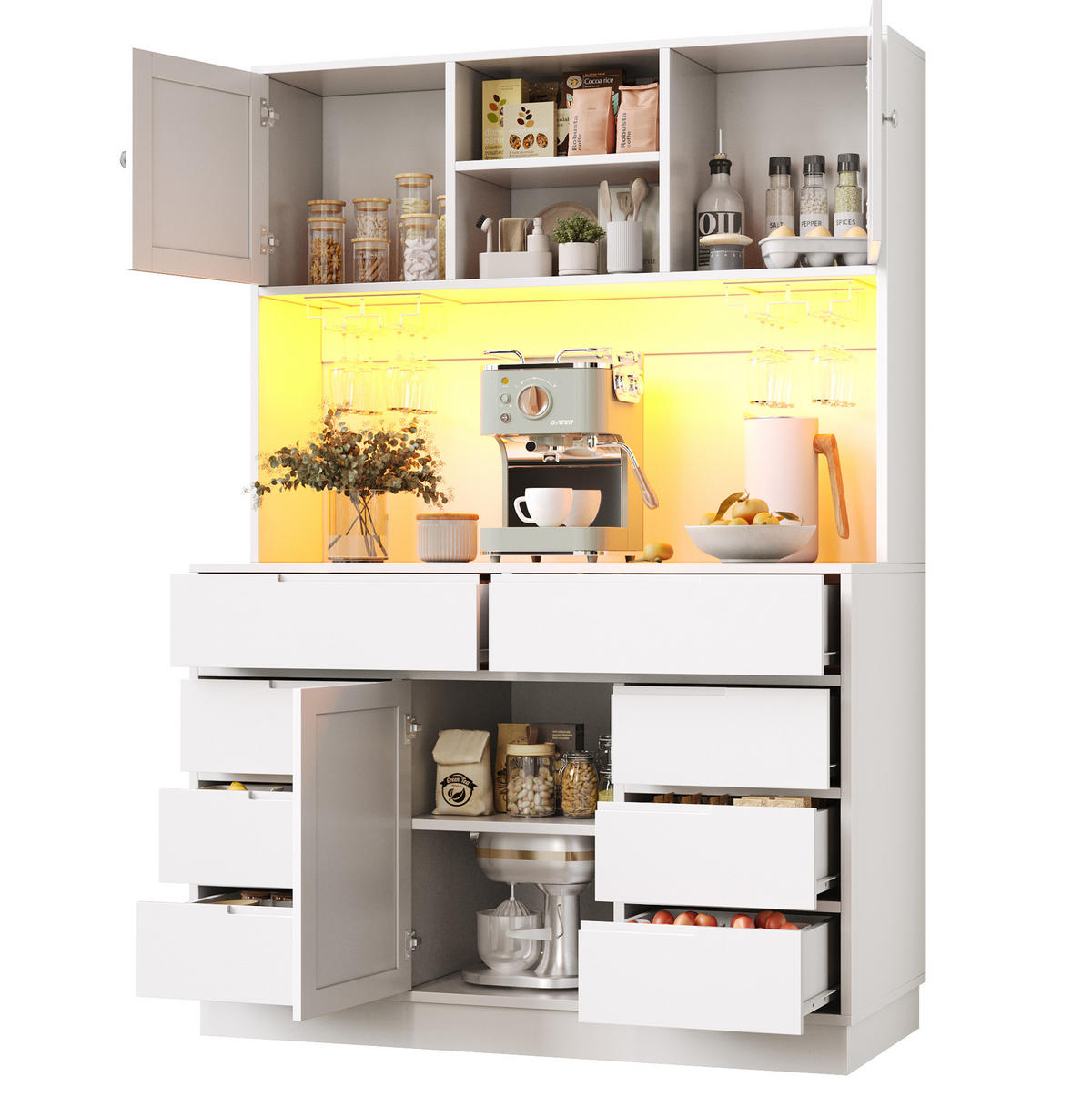 BUFFET 120/40/183,5 cm in Weiß mit LED-Beleuchtung und 8 Schubladen - Weiß, Holzwerkstoff (120/183.5/40cm) - Flora Grace
