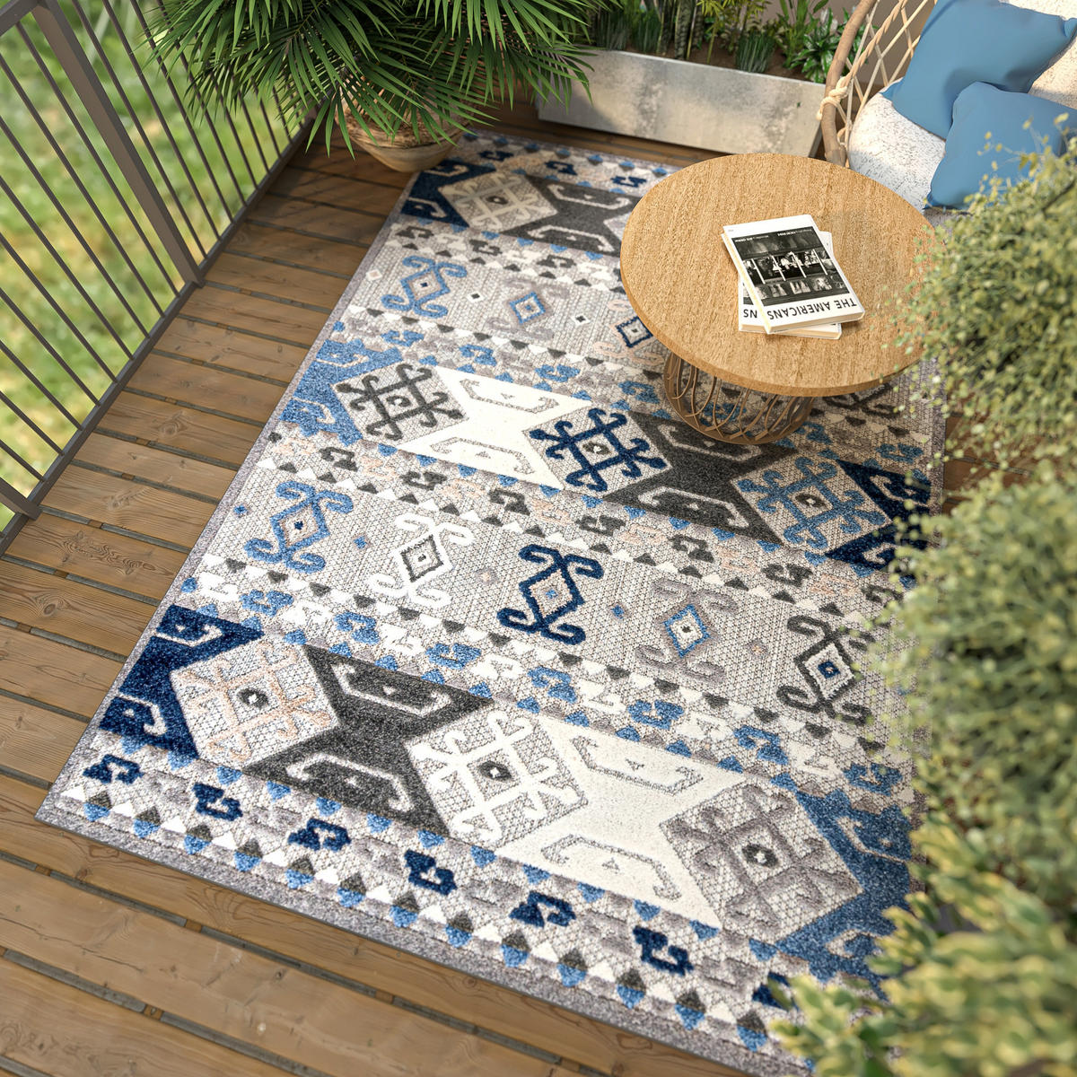 TEPPICH In-Outdoor Blue Ethnische - Kurzflor Rechteckig Grau - 140 x 200 cm - Blau, Textil (140/200cm) - Mazovia