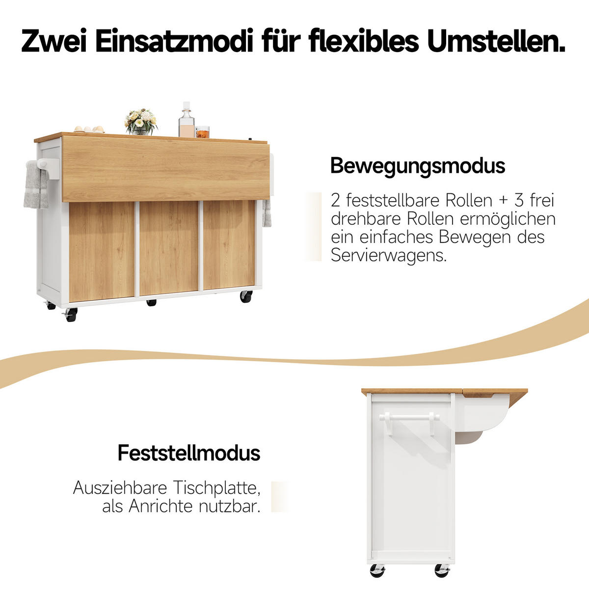 KÜCHENINSEL 137,9/73/92,5 cm weiß aus MDF und Metall mit Klapptisch - Weiß, Holzwerkstoff (137.9/92.5/73cm) - OKWISH