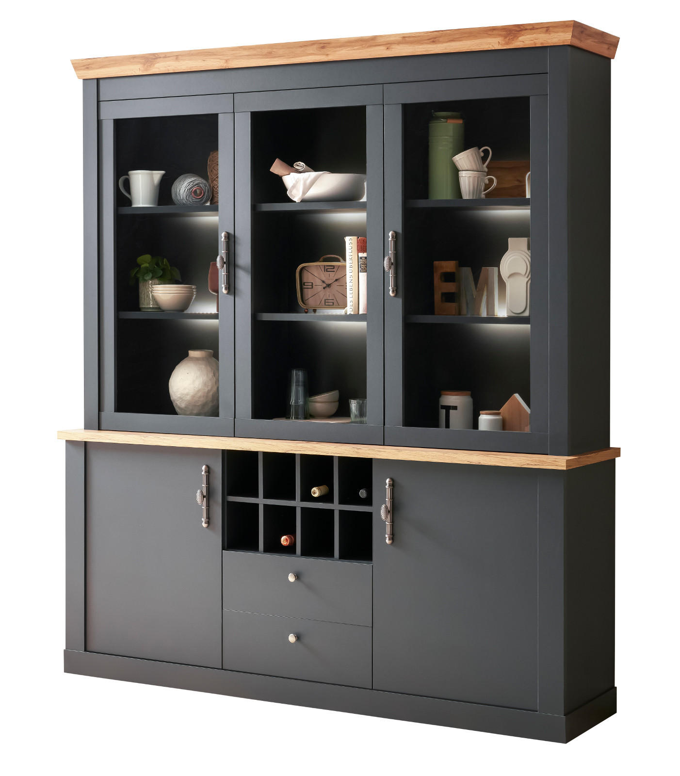 BUFFETSCHRANK grau, Wotan Eiche Landhaus, Vitrinenschrank mit Soft-Close-Funktion - Silberfarben/Eiche Wotan, Glas/Holzwerkstoff (184/205/44cm) - Furn.Design