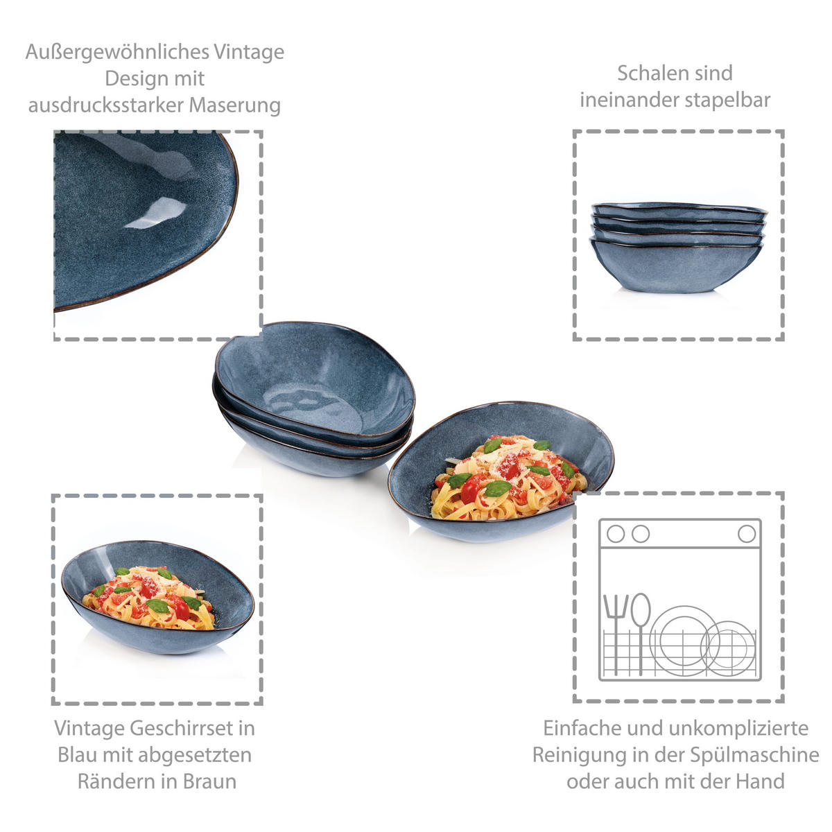 PASTATELLER SET DARWIN - 4 teilig aus Steingut - Blau, Keramik (24cm) - Sänger