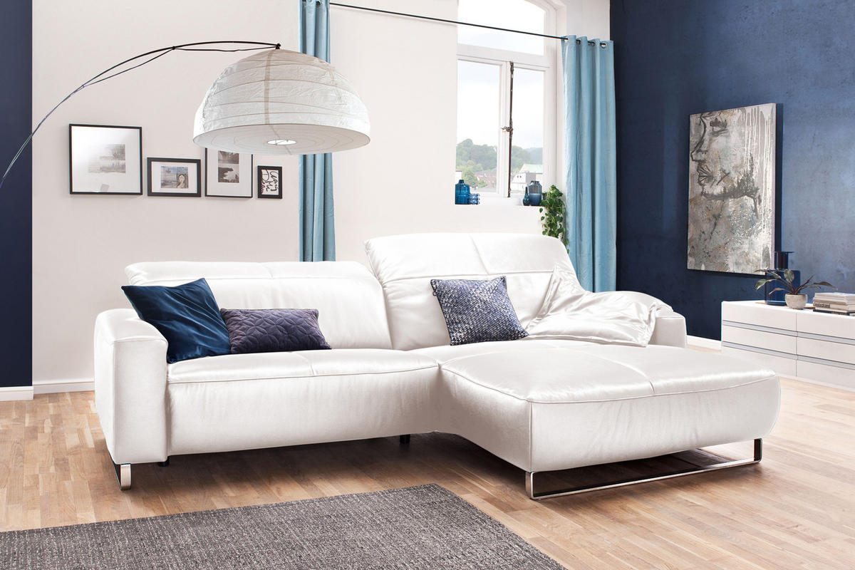 ECKSOFA YORK Ecru Leder - Ecru/Silberfarben, Leder (284/180cm) - KAWOLA