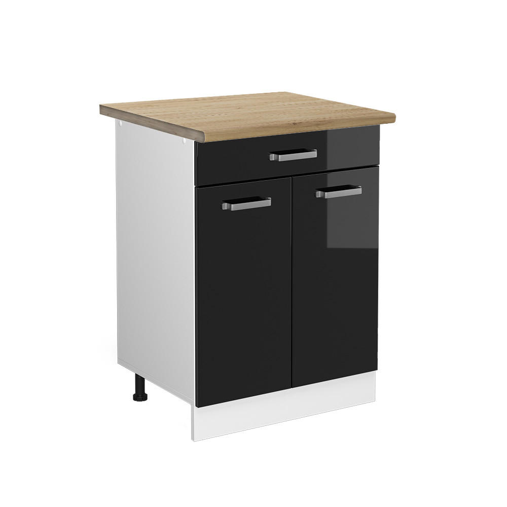 KÜCHENUNTERSCHRANK R-Line Schwarz Hochglanz 60 cm mit Schublade AP Eiche - Schwarz Hochglanz/Schwarz, Holzwerkstoff (60/81.6/60cm) - Vicco