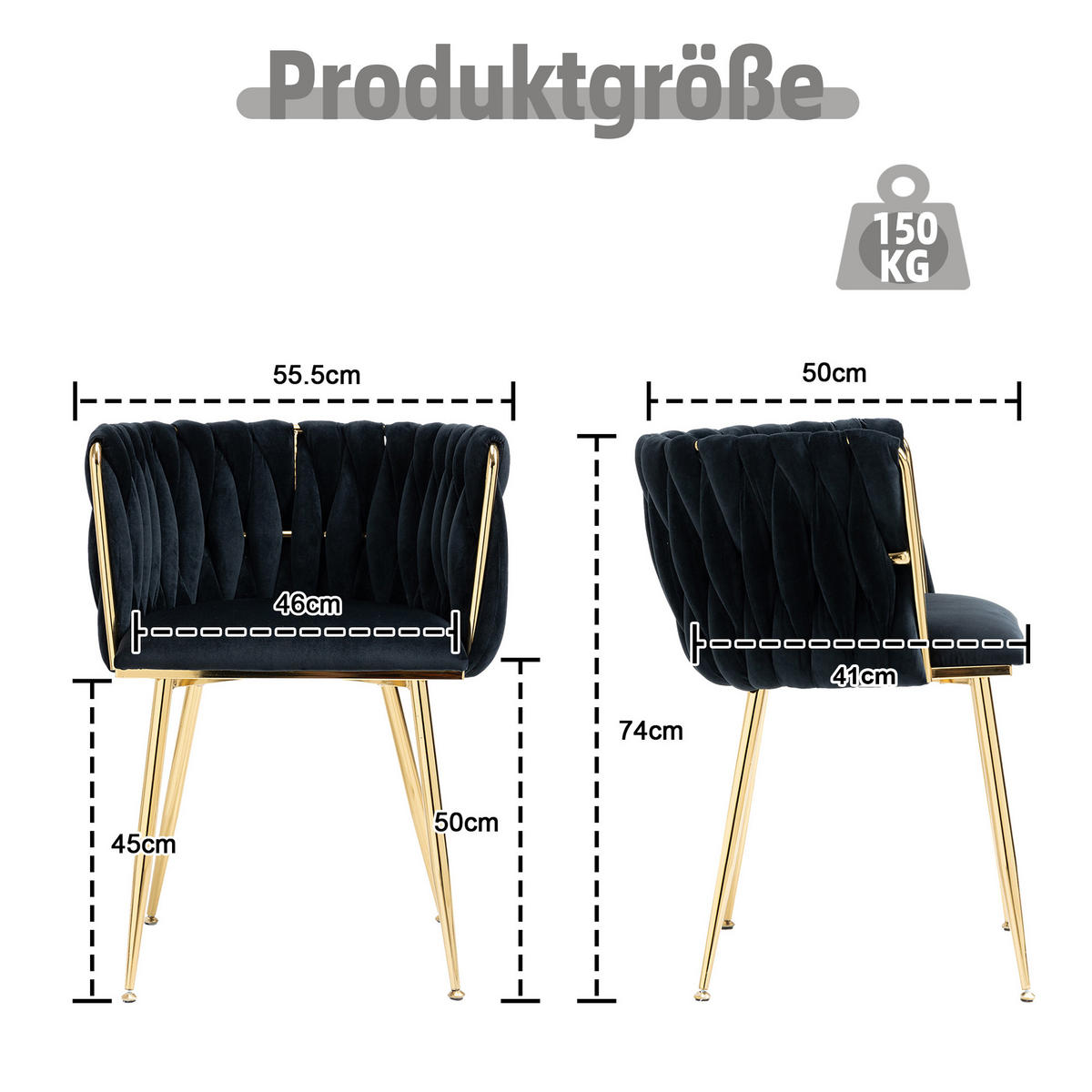 ESSZIMMERSTUHL 2er-Set aus Samt mit Goldbeinen - Schwarz, Textil (55.5/74/41cm)