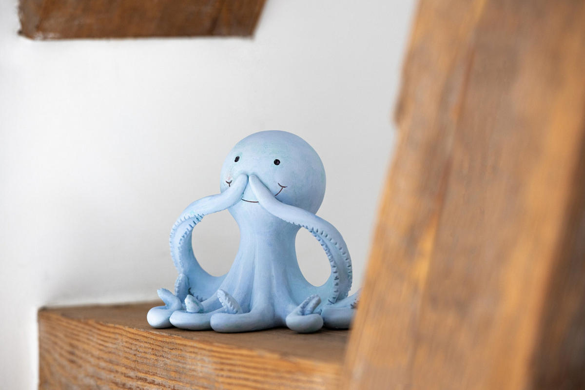 DEKOOBJEKT OKTOPUS SEHEN/HÖREN/SCHWEIGEN (3ER SET) - Blau, Glas/Naturmaterialien (7/11/13cm) - J-Line