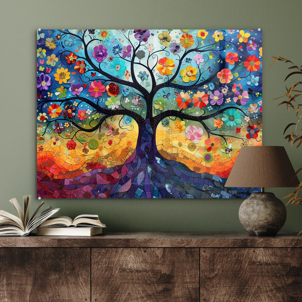 OBRAZ NA AKRYLOVOM SKLE Umenie - Strom života - Kvety - Hippie 80x60 cm - tmavomodrá, sklo (80/60cm) - MuchoWow