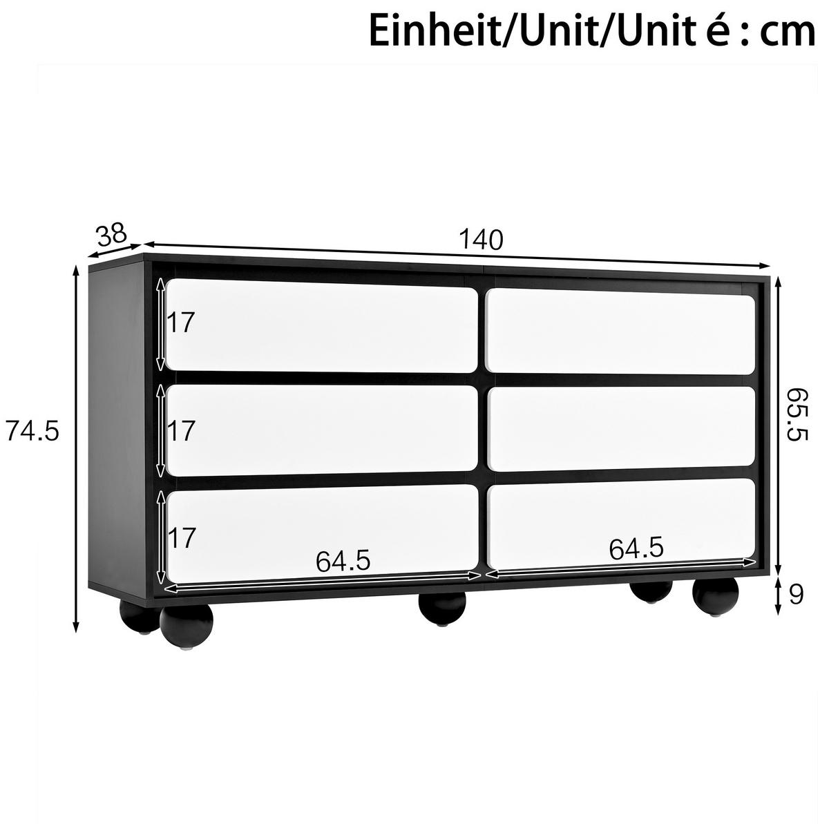 SIDEBOARD 140/38/74,5 cm mit 6 Schubladen in Weiß/Schwarz - Weiß, Holzwerkstoff (140/74.5/38cm) - BEAOK