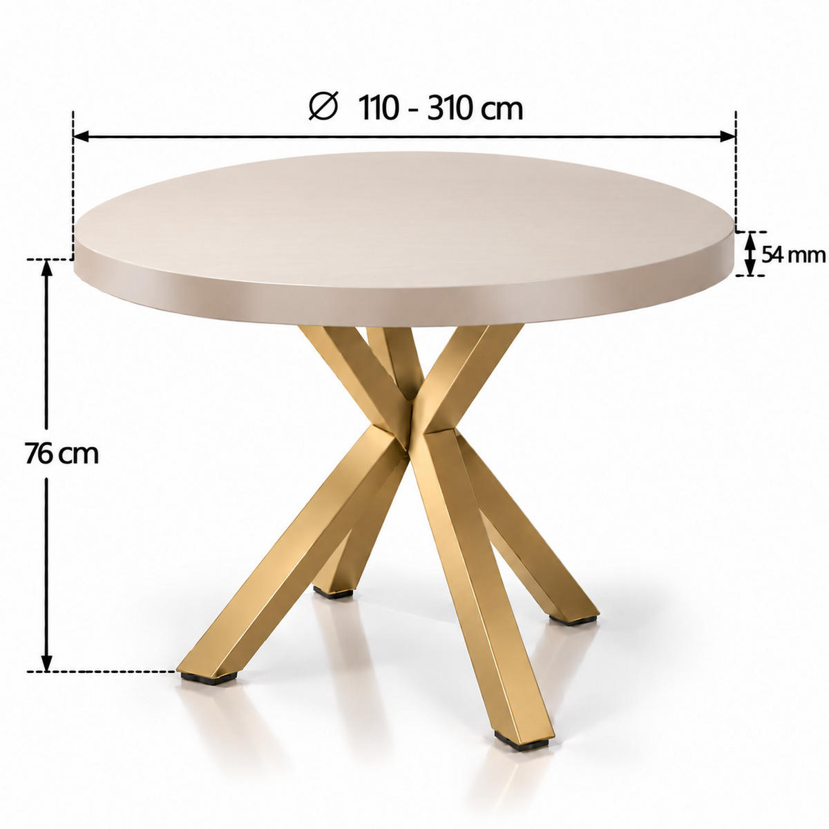 ESSTISCH rund ausziehbar 110/310/76 cm, Kaschmir, 54 cm Tischplatte + X Metallbeine Gold - Kaschmir/Goldfarben, Holzwerkstoff/Metall (110/310/76cm) - Damale Möbel