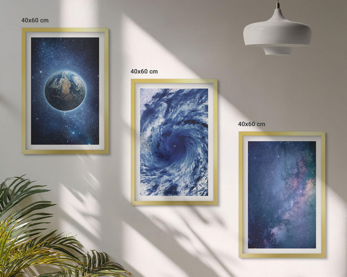 WANDBILDER 3er Set - 40x60 cm Goldrahmen - Erde Weltraumsturm Galaxie - Goldfarben, Kunststoff (40/60cm) - ArtPrintCave